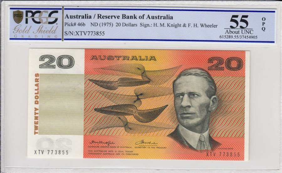 Banknotes Reserve Bank | 1975 Knight/Wheeler Side Thread $20 Banknote Pcgs 55 About Unc