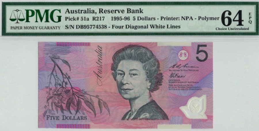 Banknotes NPA | 1995 Reserve Bank Of Australia $5 Polymer Pmg 64 Epq Gem Unc.