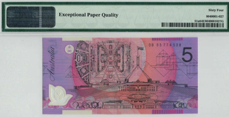 Banknotes NPA | 1995 Reserve Bank Of Australia $5 Polymer Pmg 64 Epq Gem Unc.