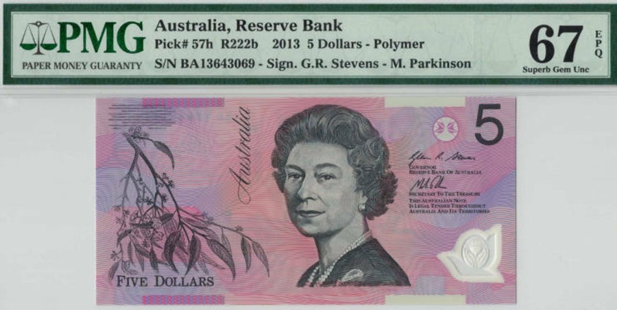 Banknotes NPA | 2013 Ba First Prefix $5 R222Bf Stevens-Parkinson Pmg 67 Epq Superb Gem