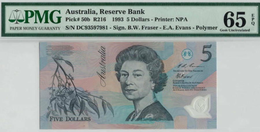 Banknotes NPA | 1993 Reserve Bank Of Australia $5 Polymer/Fraser - Evans Pmg 65 Epq Gem Unc