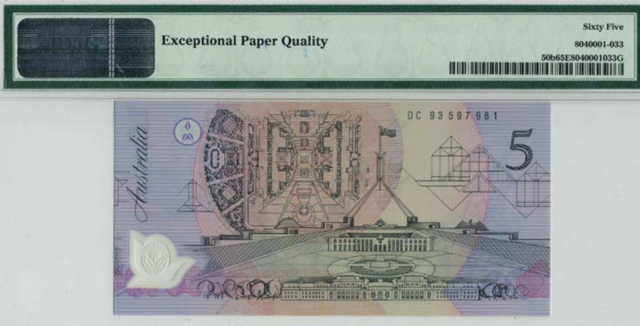 Banknotes NPA | 1993 Reserve Bank Of Australia $5 Polymer/Fraser - Evans Pmg 65 Epq Gem Unc