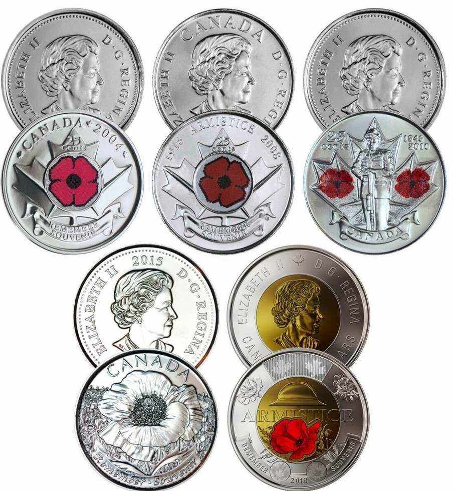 World Coins Royal Canadian Mint | Canadian Remembrance Day Poppy Coins Set Of 5