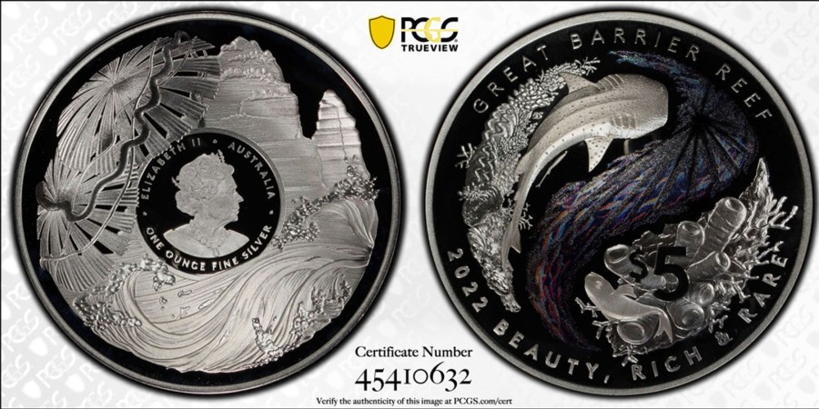 Pcgs Royal Australian Mint | 2022 $5 Silver Proof Domed Coin - Beauty, Rich & Rare Great Barrier Reef Pcgs Pr70 Dcam