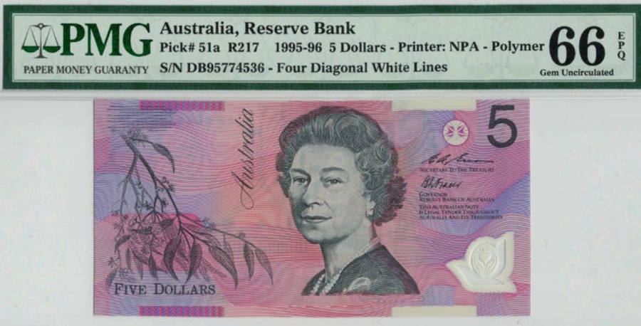 Banknotes NPA | 1995 Reserve Bank Of Australia $5 Polymer Pmg 66 Epq Gem Unc.