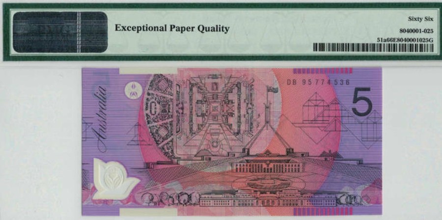 Banknotes NPA | 1995 Reserve Bank Of Australia $5 Polymer Pmg 66 Epq Gem Unc.