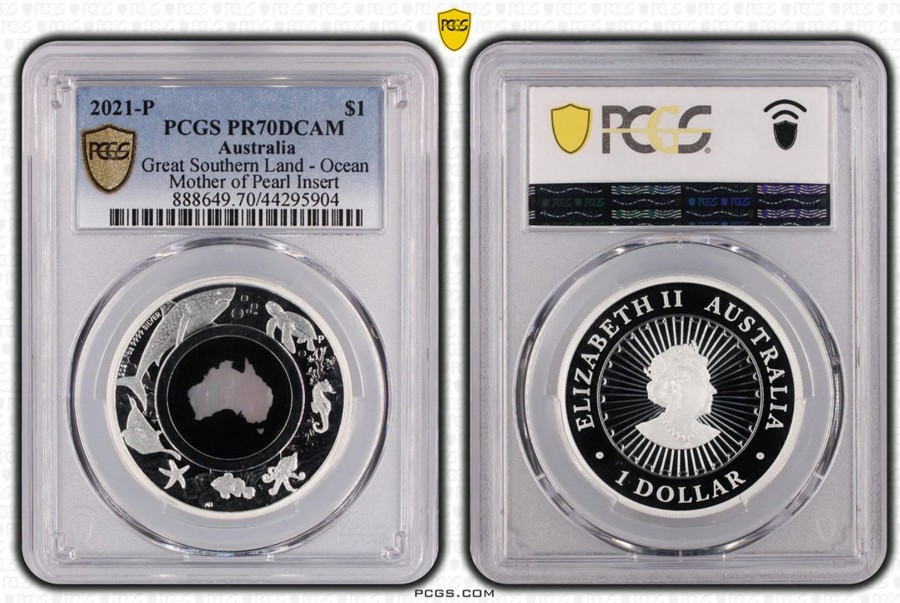 Pcgs Perth Mint | Great Southern Land 2021-P Silver $1 Mother Of Pearl Pcgs Pr70 Dcam Pop 18/0