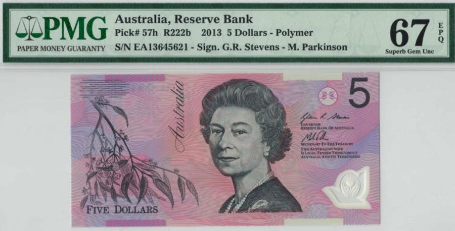 Banknotes NPA | 2013 Ea Last Prefix $5 R222Bl Stevens-Parkinson Pmg 67 Epq Superb Gem