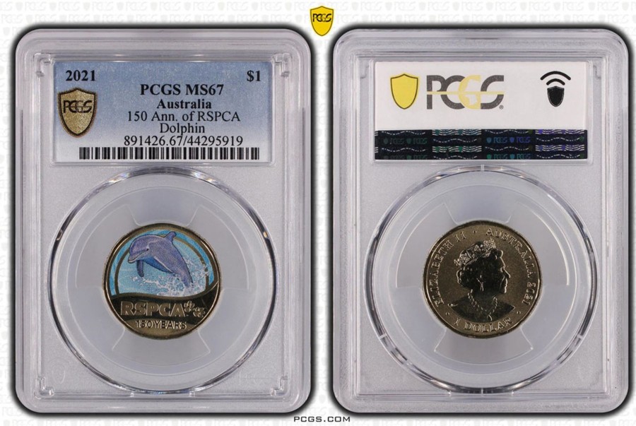 Pcgs Royal Australian Mint | 150 Ann. Of Rspca Dolphin $1 Pcgs Ms67