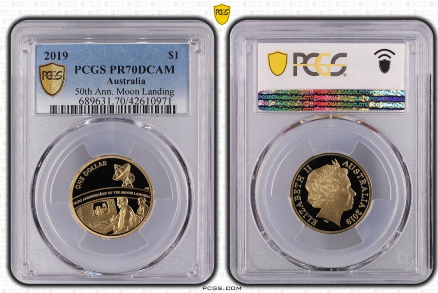 Pcgs Royal Australian Mint | 2019 50Th Ann. Moon Landing Australian $1 Dollar Pcgs Pr70 Dcam Top Pop 26/0