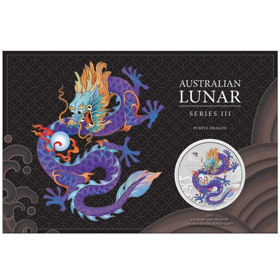 Perth Mint Perth Mint | Perth Mint Australian Year Of The Dragon 2024 1 Oz Silver Purple Bullion Coin In Card