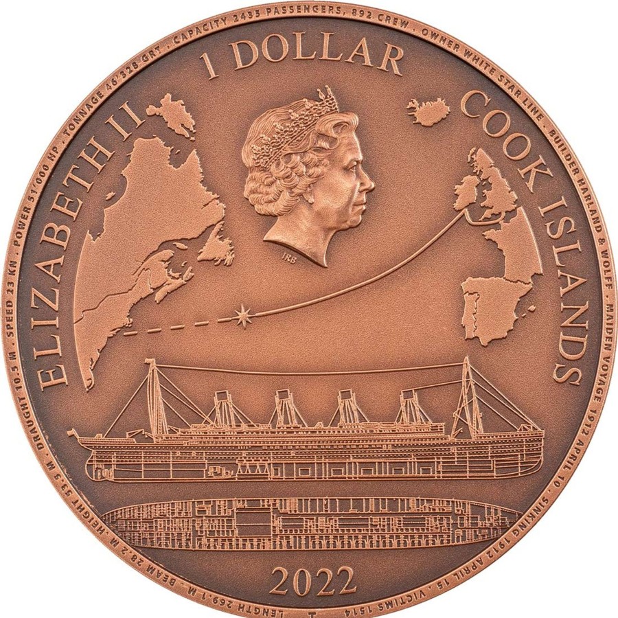 World Coins CIT | 2022 Cook Islands $1 Copper Antique Coin - Titanic 1912/ 2022