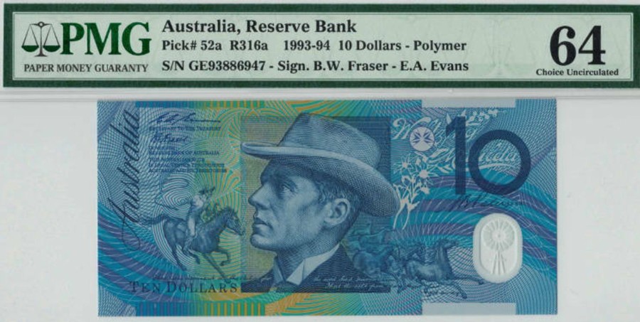 Banknotes NPA | 1993 General Prefix $10 Blue Dobell R316A Fraser - Evans Pmg 64 Choice Unc.