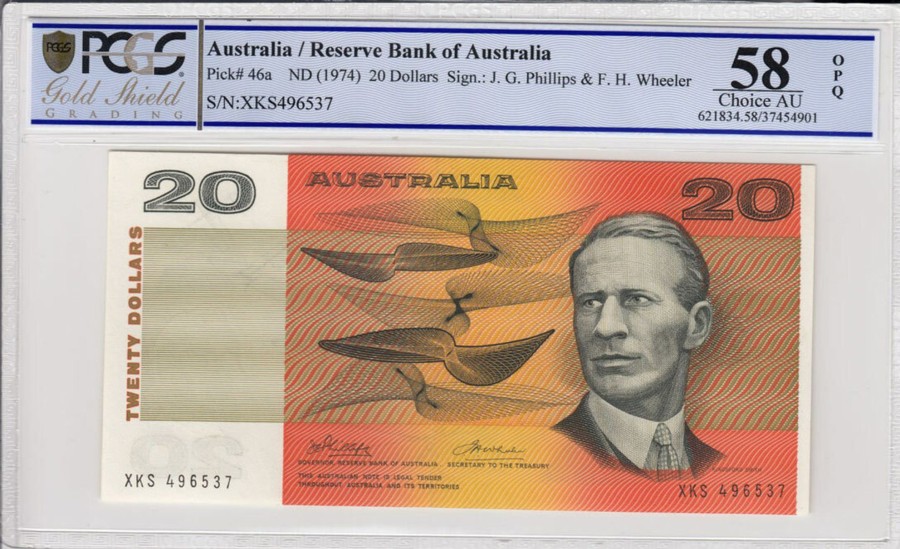 Banknotes Reserve Bank | 1974 Phillips/Wheeler $20 Banknote Pcgs 58 Choice Aunc