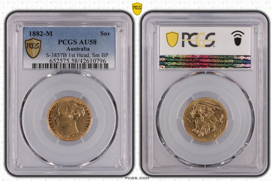 Pre-Decimal Coins Melbourne Mint | 1882 Q. Victoria Melbourne Sovereign 1St Head, Sm Bp Pcgs Au58