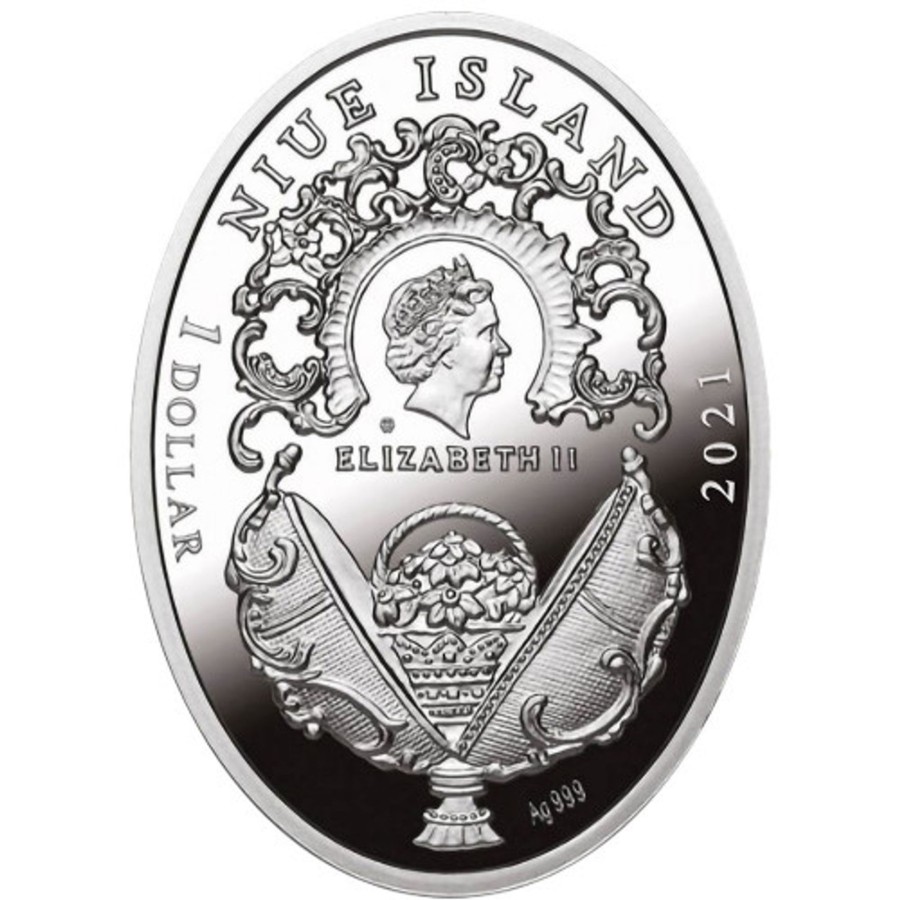 World Coins Mint of Poland | 2021 Niue $1 1/2 Oz Silver Proof Coin - Imperial Faberge Eggs - Red Cross Egg With Portraits