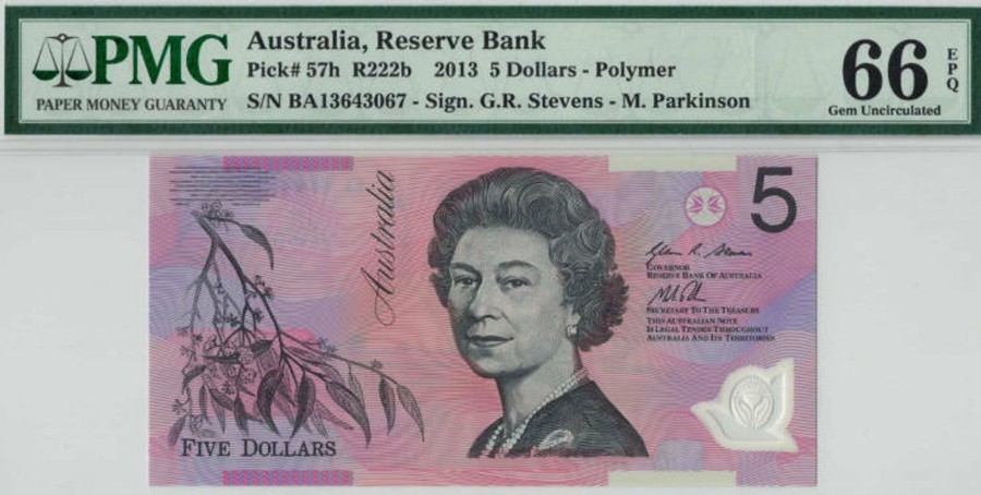 Banknotes NPA | 2013 Ba First Prefix $5 R222Bf Stevens-Parkinson Pmg 66 Epq Gem Unc