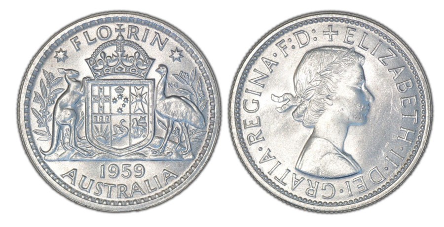 Pre-Decimal Coins Melbourne Mint | 1959 Q. Elizabeth Ii Melbourne Mint Florin Unc