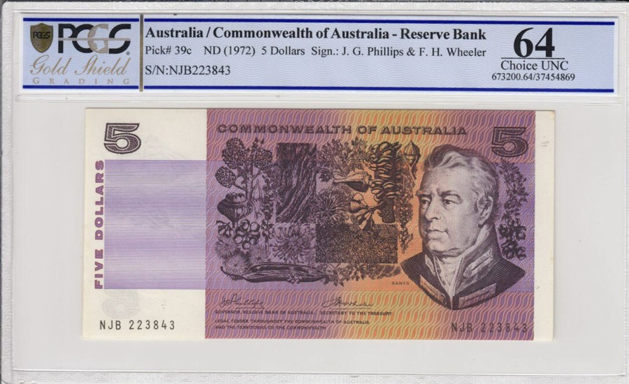 Banknotes Reserve Bank | 1972 Philips/Wheeler $5 Banknote Pcgs 64 Choice Unc