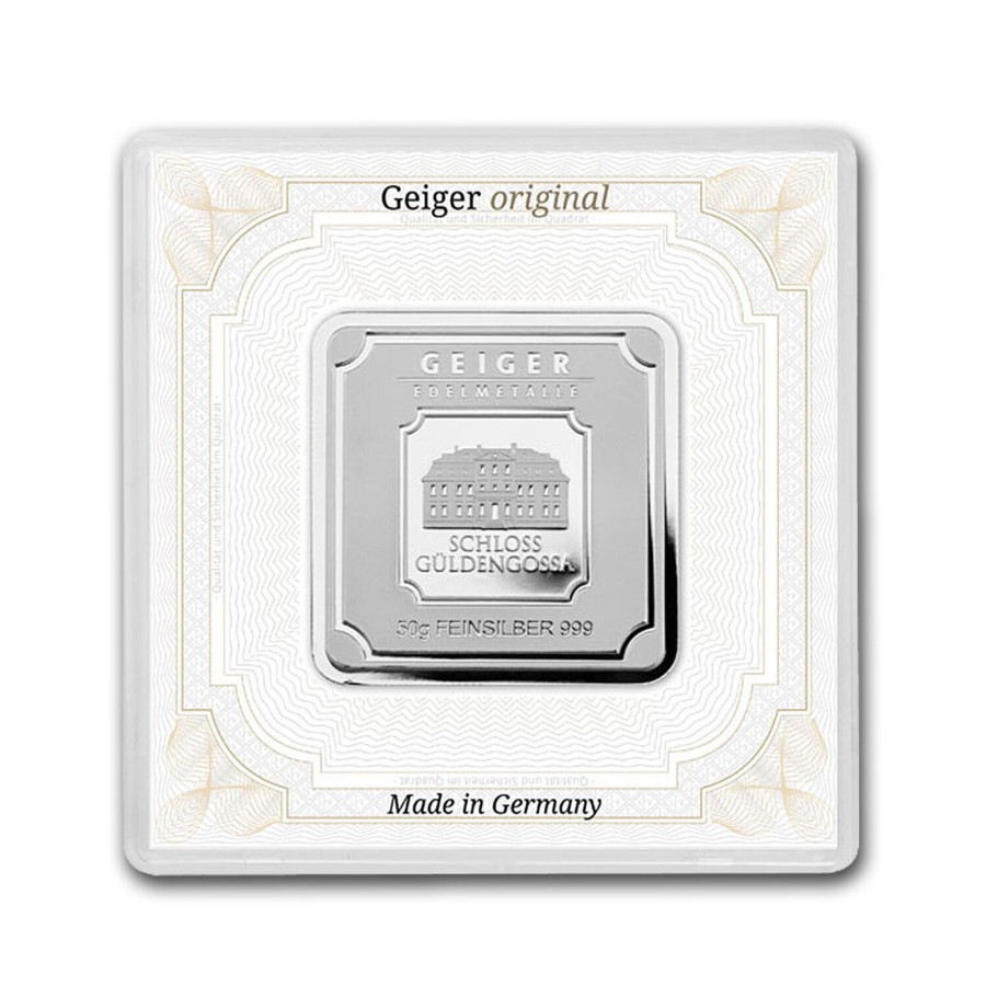 Premium Bullion Perth Mint | Geiger Original Schloss Guldengossa 50 Gm Silver Square Minted Bar In Capsule