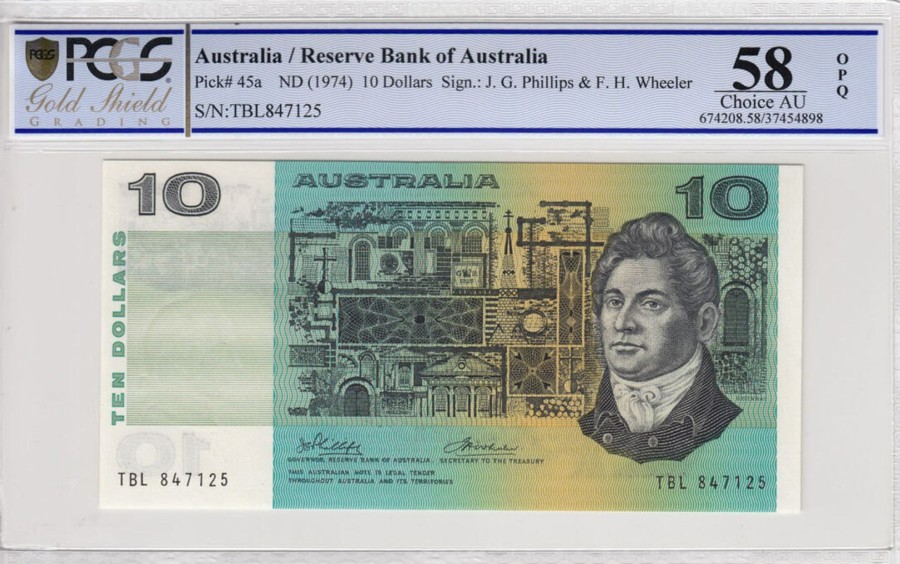 Banknotes Reserve Bank | 1974 Phillips/Wheeler $10 Banknote Pcgs 58 Choice Aunc