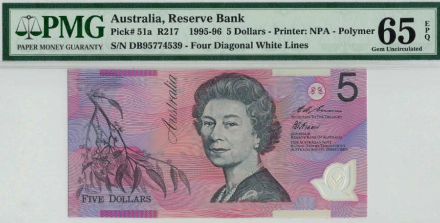 Banknotes NPA | 1995 Reserve Bank Of Australia $5 Polymer - Pmg 65 Epq Gem Unc.