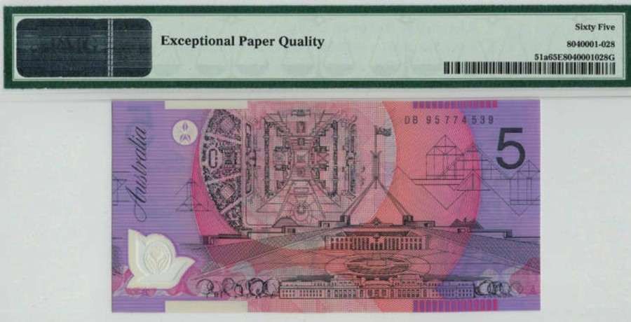 Banknotes NPA | 1995 Reserve Bank Of Australia $5 Polymer - Pmg 65 Epq Gem Unc.