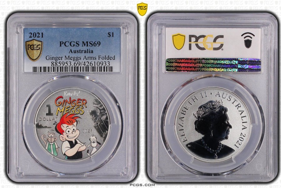 Pcgs Royal Australian Mint | 2021 Silver $1 Ginger Meggs Arms Folded Pcgs Ms69