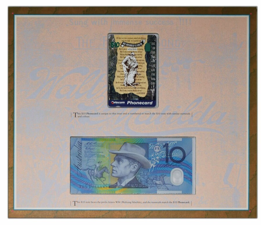 Banknotes NPA | 1995 Waltzing Matilda Portfolio $10 Banknote - $10 Phonecard Blue S/N