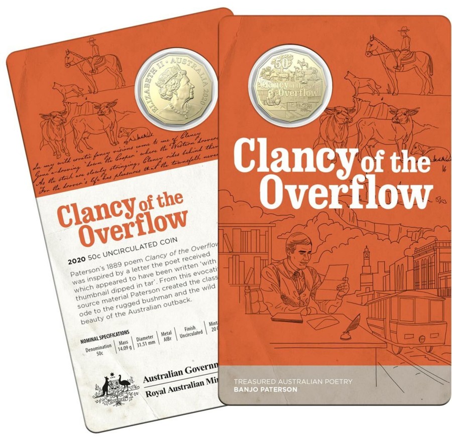 Royal Australian Mint Royal Australian Mint | 2020 50C Albr Unc Coin - Banjo Paterson - Treasured Australian Poetry - Clancy Of The Overflow