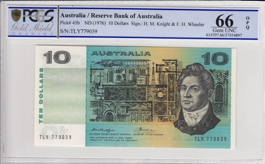 Banknotes Reserve Bank | 1976 Knight/Wheeler $10 Banknote Side Thread Pcgs 66 Gem Unc