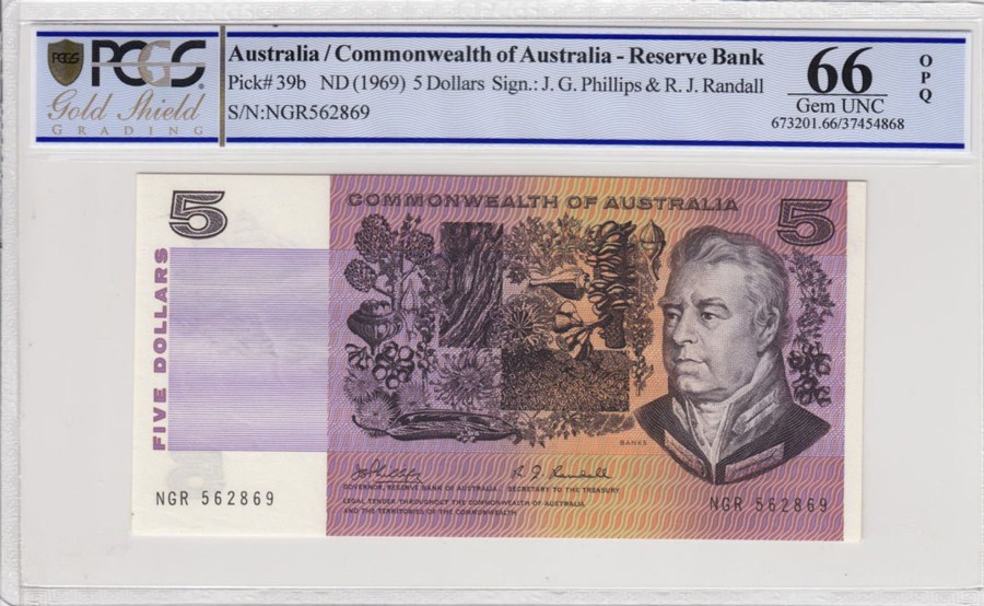 Banknotes Reserve Bank | 1969 Philips/Randall $5 Banknote Pcgs 66 Gem Unc