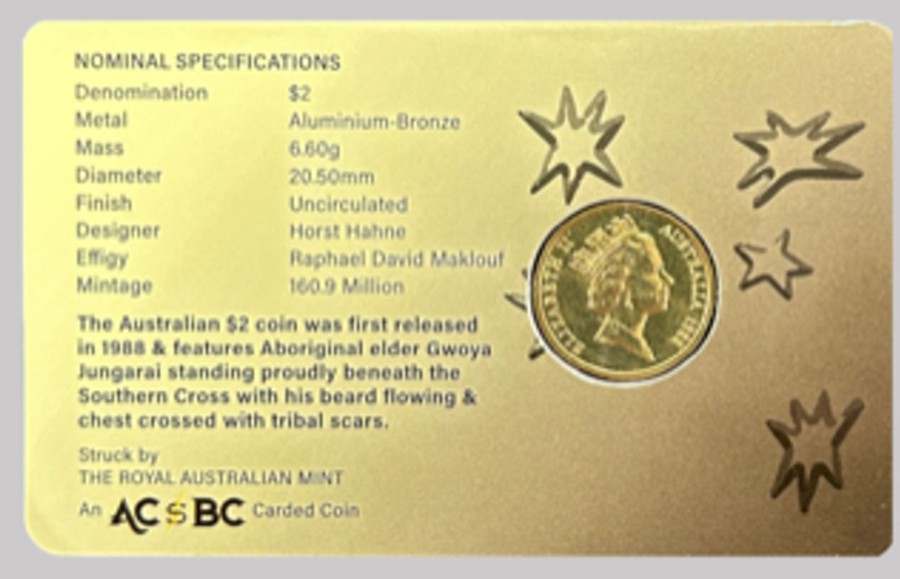 Royal Australian Mint Royal Australian Mint | Royal Australian Mint 1988 $2 Jc Elder Carded Coin Unc - Tamper Proof Sealed Carded Coin