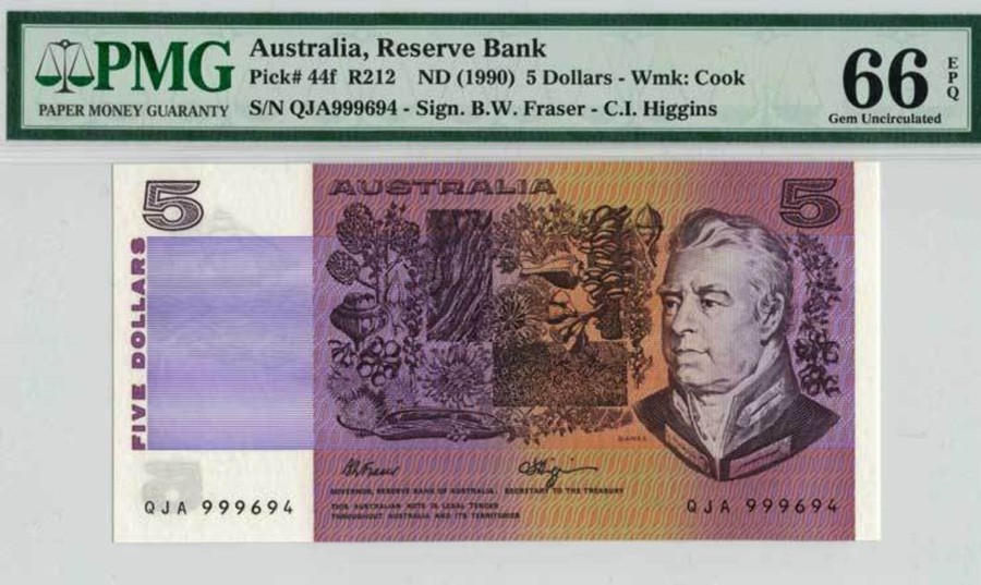 Banknotes NPA | 1990 Pair Of $5 Same Serial No. R212 Fraser-Higgins Pmg 65-66 Epq Gem Unc.