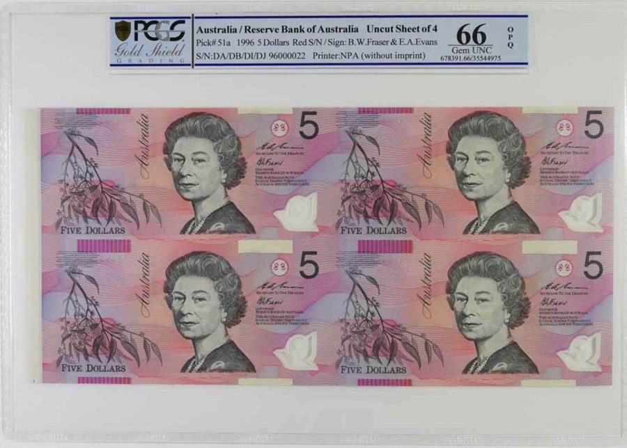 Banknotes NPA | Block Of 4 Red S/N 1996 $5 Fraser/Evans Pcgs66 Gem Unc Very Low Number