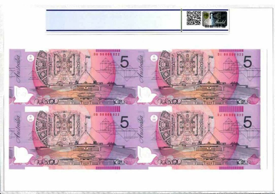 Banknotes NPA | Block Of 4 Red S/N 1996 $5 Fraser/Evans Pcgs66 Gem Unc Very Low Number