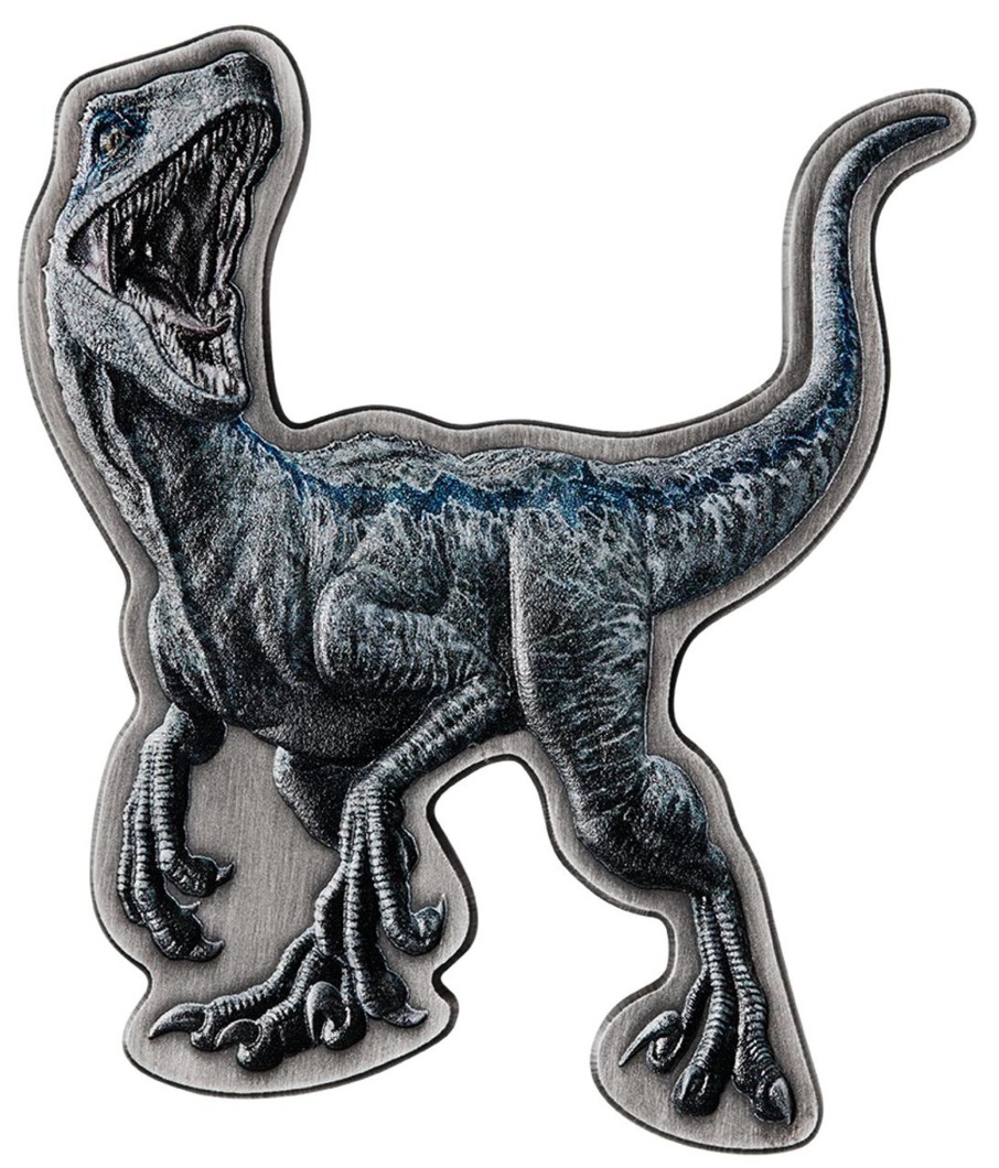 World Coins The Coin Company | 2021 Jurassic World 2Oz Silver Antiqued Blue The Velociraptor Shaped Coin