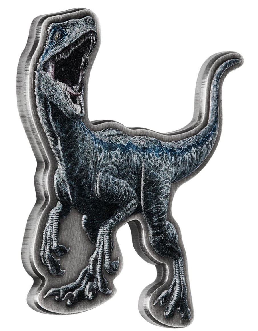 World Coins The Coin Company | 2021 Jurassic World 2Oz Silver Antiqued Blue The Velociraptor Shaped Coin