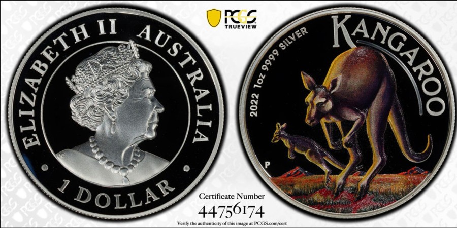 Pcgs Perth Mint | 2022-P $1 Kangaroo Colorized 1Oz High Relief Pr70 Dcam