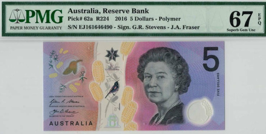 Banknotes NPA | 2016 Reserve Bank $5-Polymer, Stevens - Fraser Pmg67 Epq Sup Gem Unc.