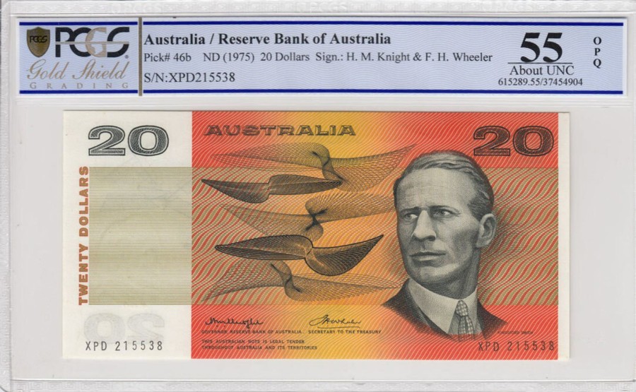 Banknotes Reserve Bank | 1975 Knight/Wheeler Centre Thread $20 Banknote Pcgs 55 About Unc